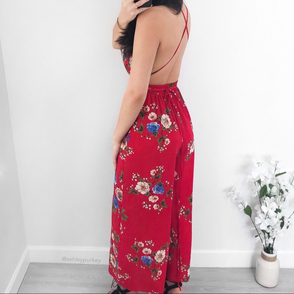 Red blue floral plunge strappy slit leg jumpsuit - Picture 4 of 4